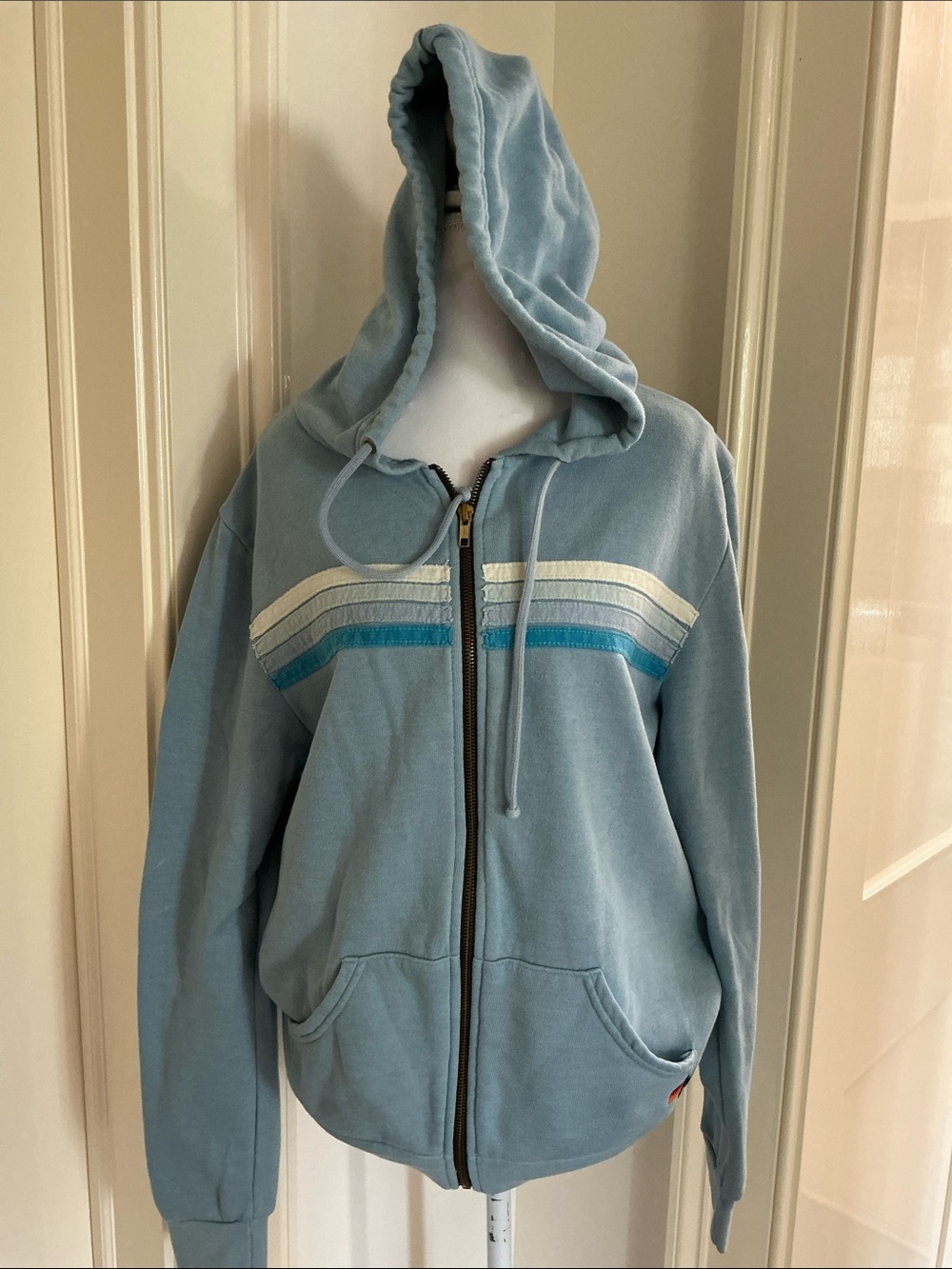 Aviator Nation Light Blue Zip Hoodie with White and Teal Stripes